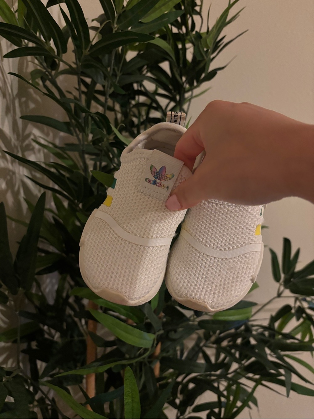 Adidas Kids White Mesh Slip-On Sneakers with Rainbow Trefoil